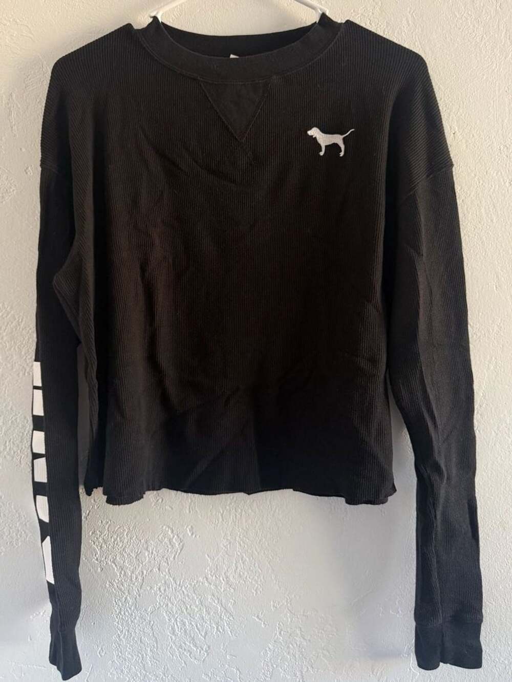PINK Victoria's Secret Waffle Knit Long Sleeve Top Size S Black